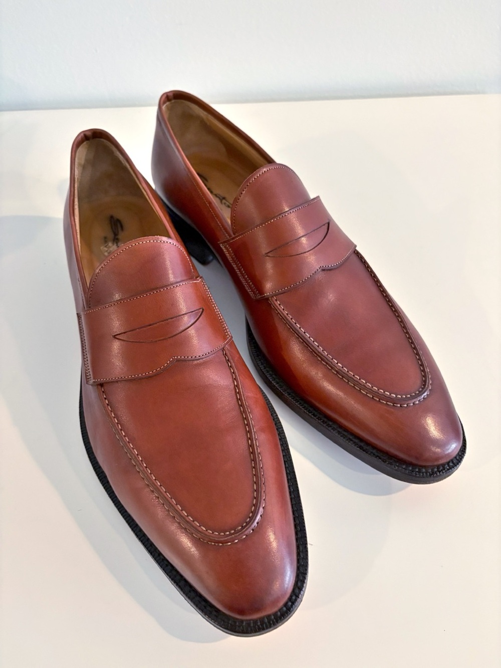 Santoni || Brown Leather Penny Loafers Luxury Dress Shoes Made In Italy 11.5